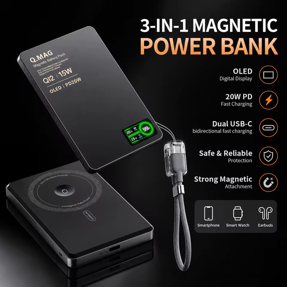 Batterie externe magnétique  à charge rapide pour iPhone 12-17 Pro, Airpods, Watch, Xiaomi 10000mAh
