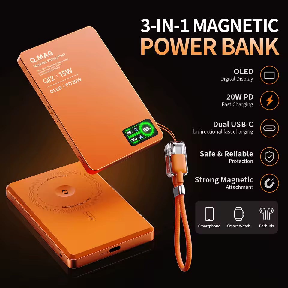 Batterie externe magnétique  à charge rapide pour iPhone 12-17 Pro, Airpods, Watch, Xiaomi 10000mAh